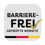 Siegel für Barrierefreiheit 'BARRIEREFREI GEPRÜFTE WEBSITE' über deutschen Farben.